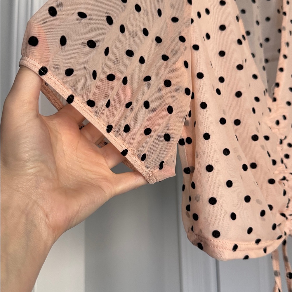 LE LIS Polka Dot Sheer Puff Sleeve Top - Peachy Tone Cream and Black - Picture 3 of 6
